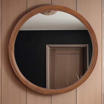 30 Inch Round Wood Mirror, Wall-Mounted Circle Mirrors, Decorative Mirror