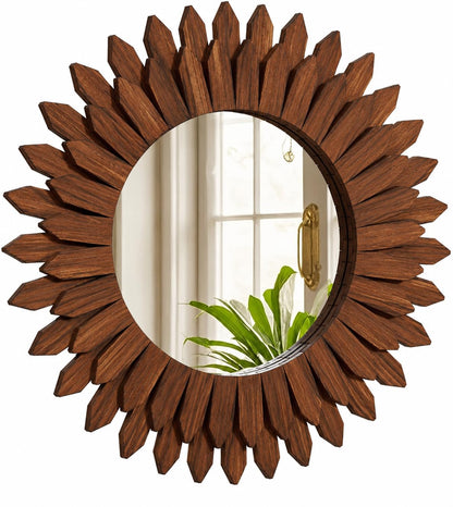 24" Round Sunburst Wooden Mirror Boho Rustic Wall Decor