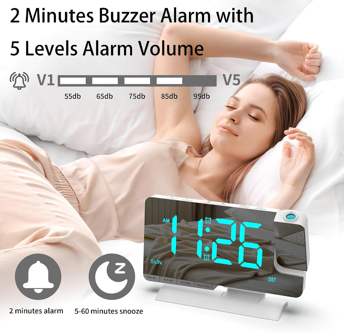 Projection Alarm Clock for Bedroom Ceiling White Mirror Digital Clock Teens