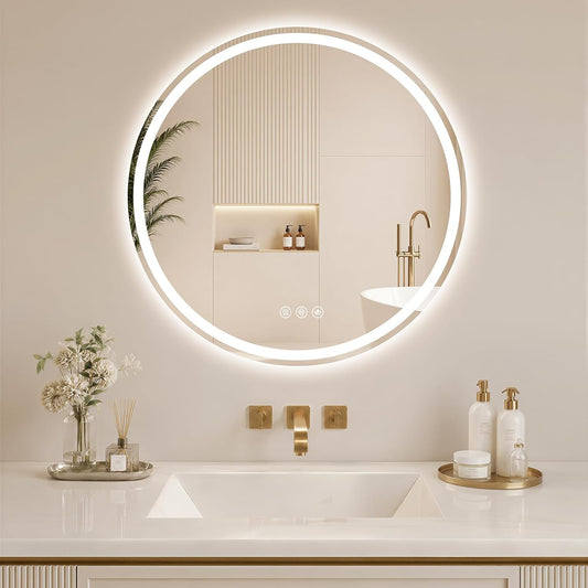 BEAUTYPEAK 24 Inch Round LED Bathroom Mirror with Lights, Circle Frameless Wall Mounted Vanity Mirror with Anti-Fog, Dimmable 3 Color Temperature, Memory Function, Tempered Glass for Modern Home Decor