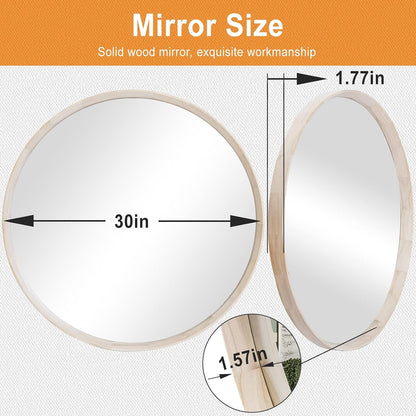 30 Inch Round Wood Mirror, Wall-Mounted Circle Mirrors, Decorative Mirror