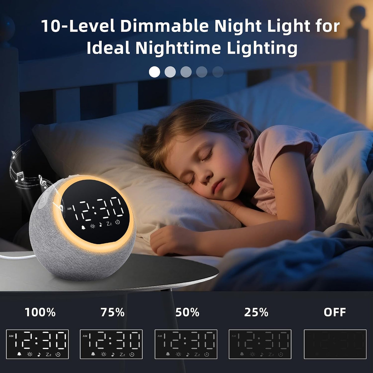 Smart Alarm Clock with White Noise & Night Light for Bedrooms