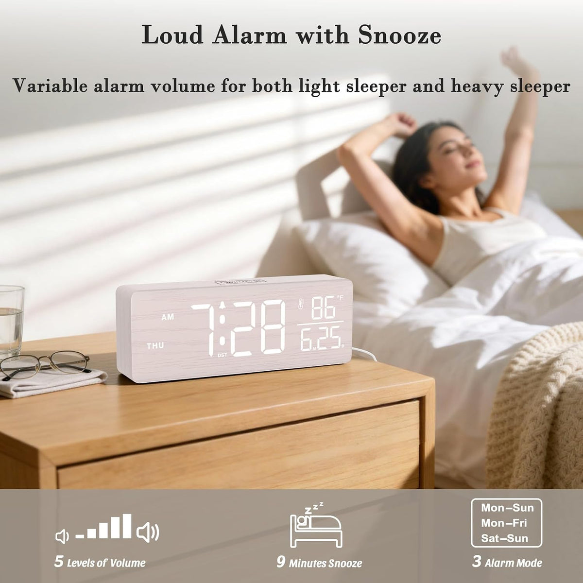 DreamSky Wooden Digital Alarm Clock with Date & Day of Week for Bedroom