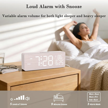 DreamSky Wooden Digital Alarm Clock with Date & Day of Week for Bedroom