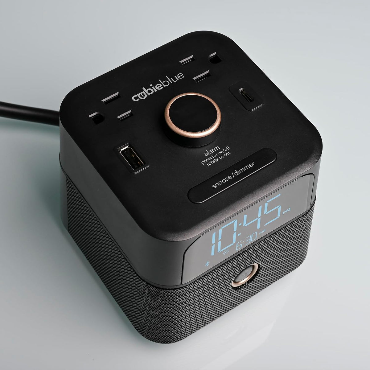 Brandstand | CubieBlue | User Friendly & Convenient Alarm Clock Charger | 2 USB Ports | 2 Tamper Resistant Sockets | Brandstand Bluetooth Speaker