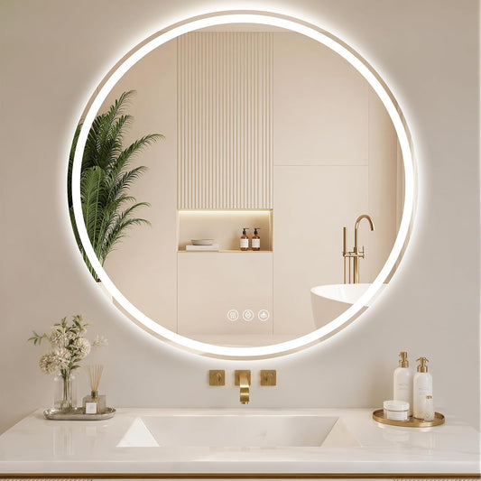 BEAUTYPEAK 36 Inch Round LED Bathroom Mirror with Lights, Circle Frameless Wall Mounted Vanity Mirror with Anti-Fog, Dimmable 3 Color Temperature, Memory Function, Tempered Glass for Modern Home Decor