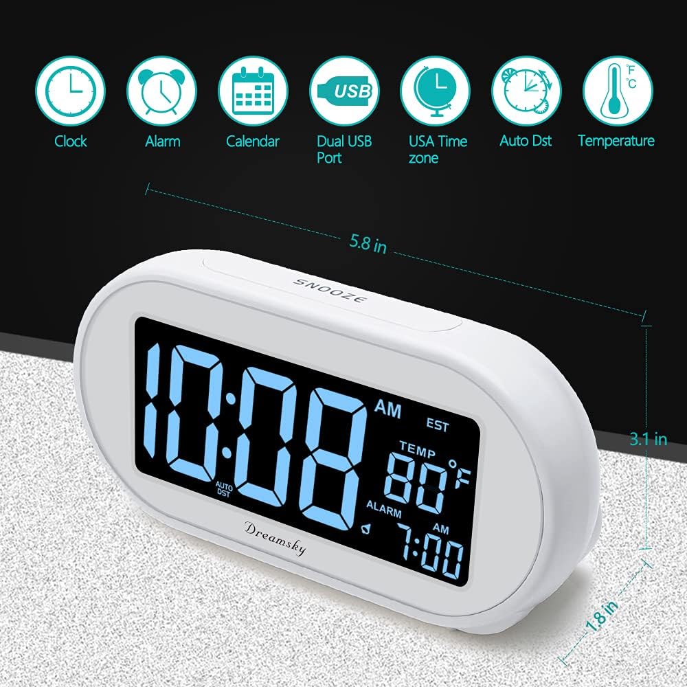 DreamSky Alarm Clocks for Bedrooms, Auto Set Digital Clock with Date & Temp
