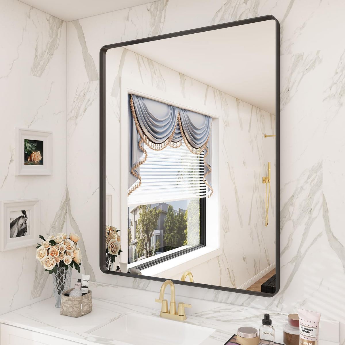 24x30 Inch Black Metal Framed Bathroom Mirror for Wall