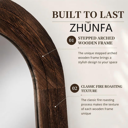 ZHUNFA Arched Full Length Mirror with Solid Wood Frame, 65x22, Brown