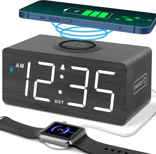 DreamSky Wooden Digital Alarm Clock with Wireless Charging for Bedroom
