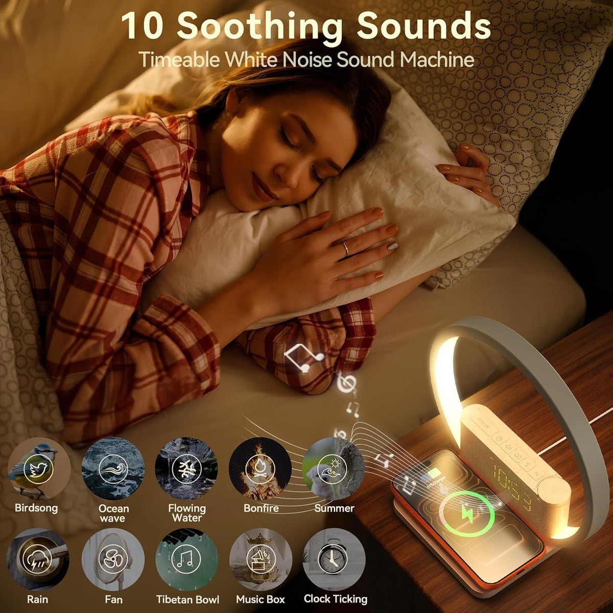 Vivilumens Sunrise Alarm Clock Wireless Charger, White Noise Sound Machine