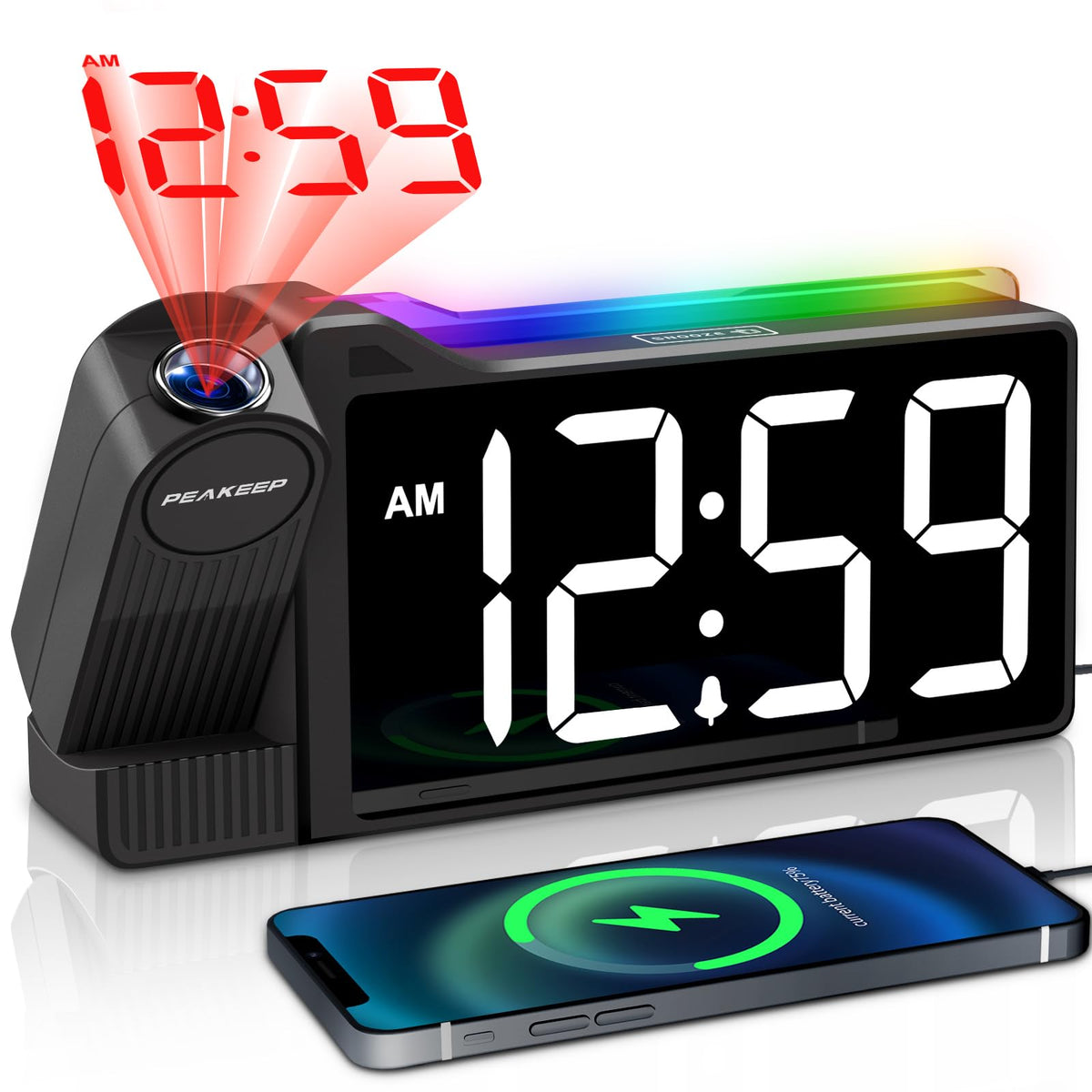 Peakeep Projection Alarm Clock for Bedroom Ceiling with Colorful Nightlight