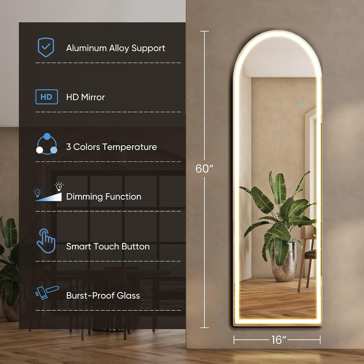 DUMOS Arched LED Mirror Full Length Standing, 16"x60" Full Body Wall Mirror