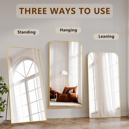 Koonmi Full Length Mirror, 71"x30" Mirror Full Length with Stand, Gold Domed Top Square-Edged Floor Mirror with Aluminum Alloy Frame for Bedroom Living Room