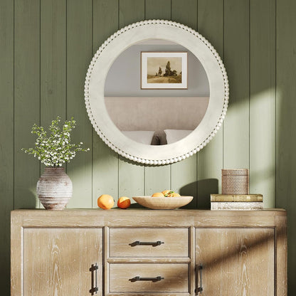 Farmhouse Round Wall Mirror Decor, 24" Circle Solid Wood Mirror Retro White