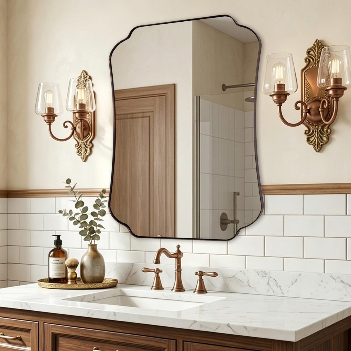 ANDY STAR 24"x40" Gold Mirror, Brushed Brass Scalloped Wall Mirror, Bathroom Wall Mirror with Stainless Steel Metal Framed Ideal for Bedroom, Hallway