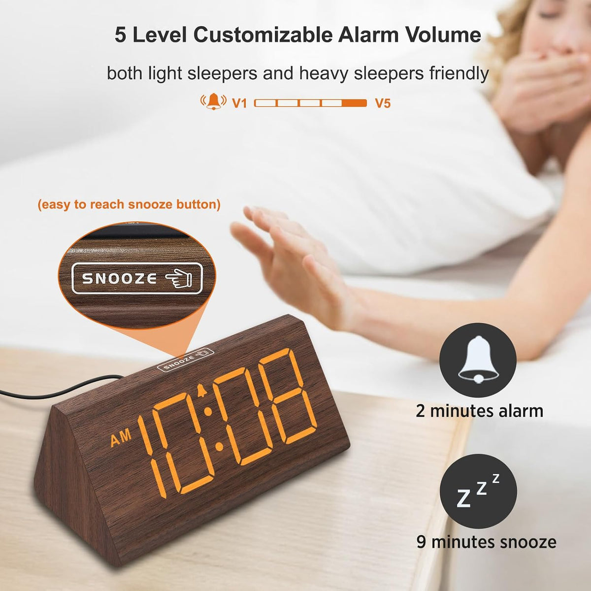 DreamSky Wooden Digital Alarm Clock for Bedrooms Desk with Large Numbers