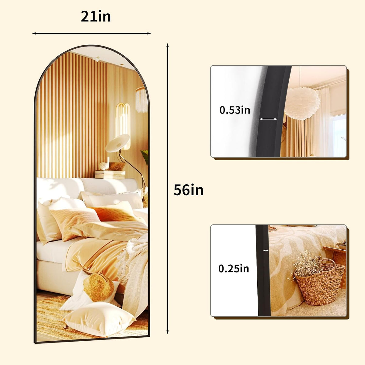 XRAMFY 56"x21" Black Arched Full Length Mirror Floor Mirrors with Stand