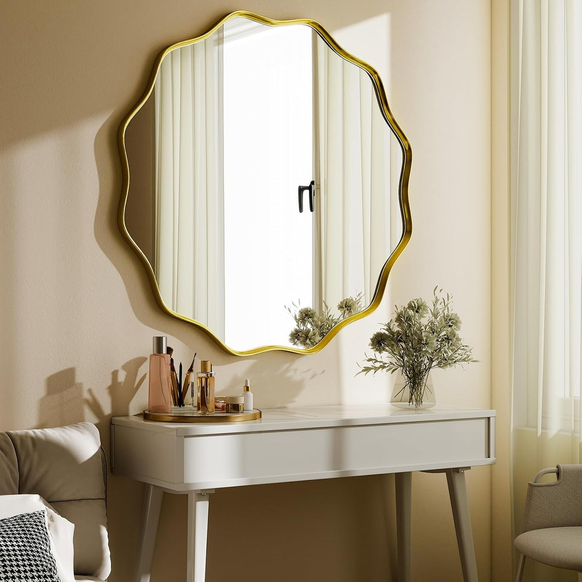Gold Scalloped Circle Mirror 36" Wavy Edge Round Wall Mirror