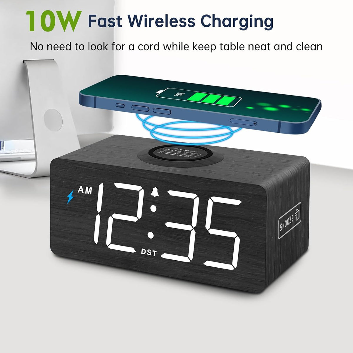 DreamSky Wooden Digital Alarm Clock with Wireless Charging for Bedroom