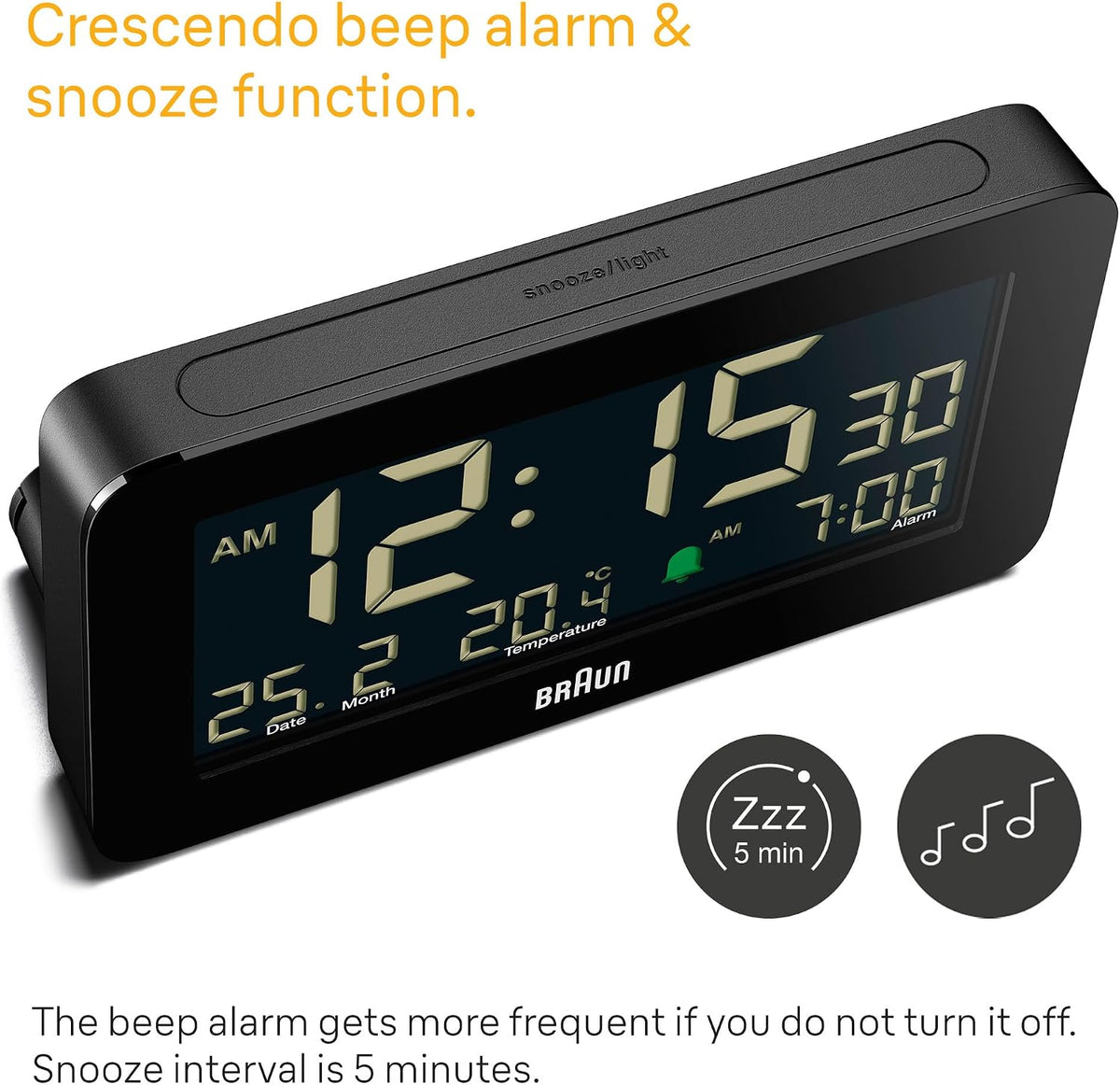 Braun Digital Alarm Clock with Date, Month and Temperature Displayed, Negative LCD Display, Quick Set, Crescendo Beep Alarm in Black, Model BC10B (1-Pack)