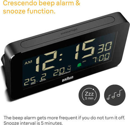 Braun Digital Alarm Clock with Date, Month and Temperature Displayed, Negative LCD Display, Quick Set, Crescendo Beep Alarm in Black, Model BC10B (1-Pack)
