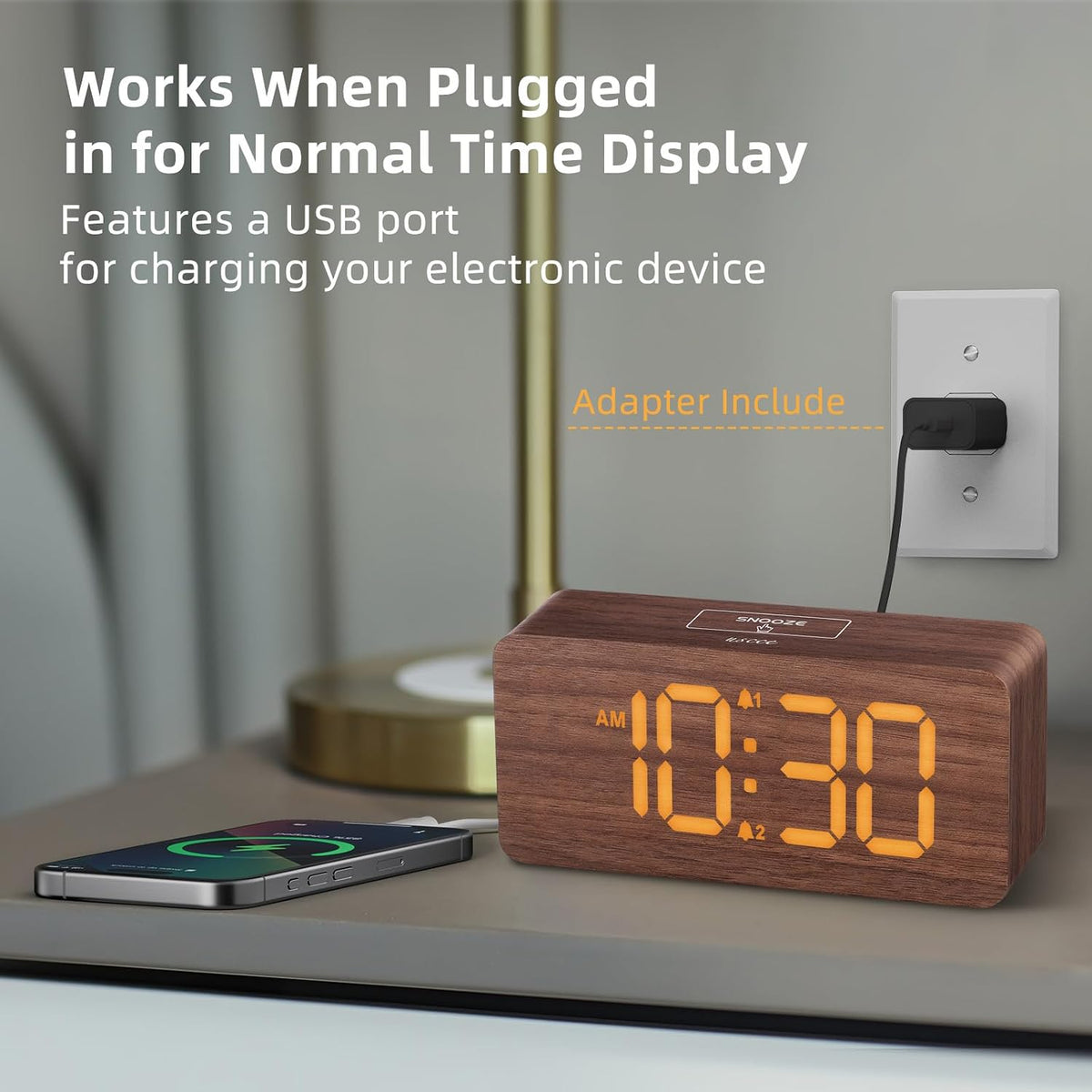 uscce Wooden Digital Alarm Clocks for Bedrooms with 0-100% Dimmable Display