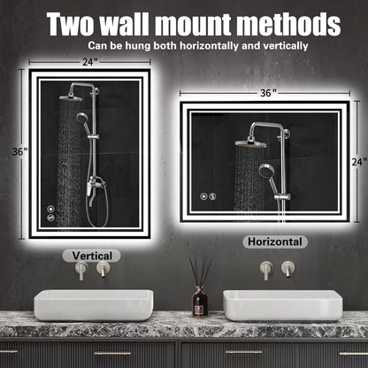 24" x 36" Bathroom Mirror with LED Lights, Anti-Fog, Dimmable 3 Colors