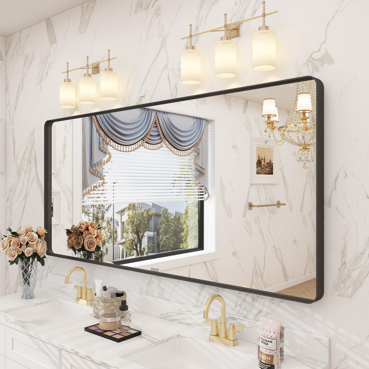 24x30 Inch Black Metal Framed Bathroom Mirror for Wall