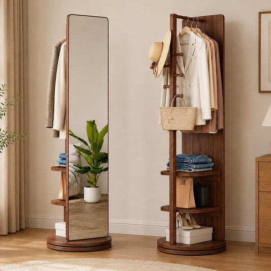 Full Length Mirror with Coat Rack & Storage, 360° Rotating Solid Wood Standing Floor Mirror with Shelves for Bedroom, Entryway, Dressing Room (Walnut Brown, 66" x 18")
