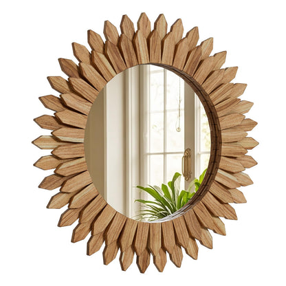 24" Round Sunburst Wooden Mirror Boho Rustic Wall Decor