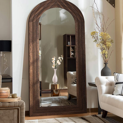 ZHUNFA Arched Full Length Mirror with Solid Wood Frame, 65x22, Brown
