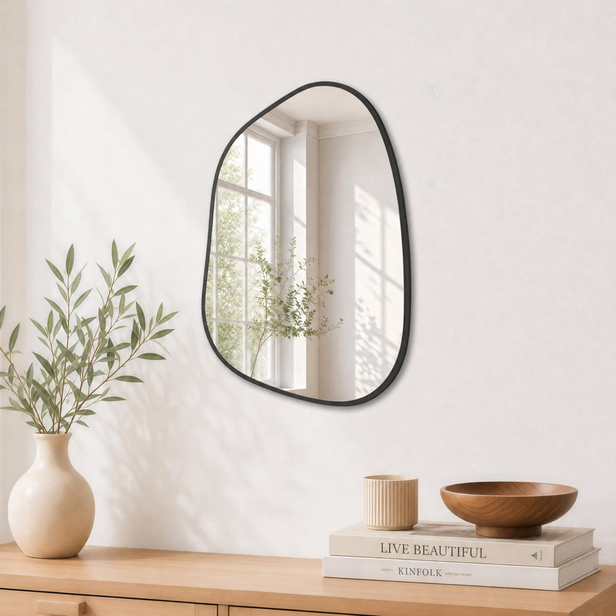 PERFNIQUE Irregular Asymmetrical Wall Mirror, 32"x24" Black Bathroom Mirror
