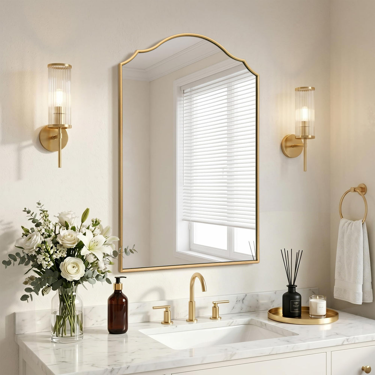 Besdomus Gold Scalloped Dresser Mirror: 35"x26" Wooden Bathroom Mirror