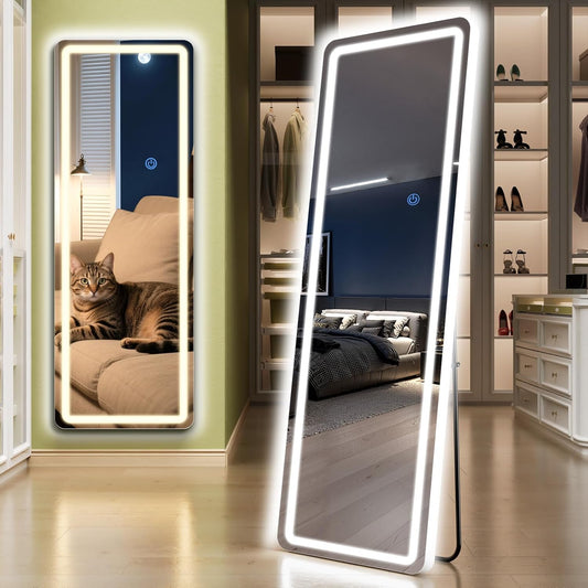 Standing Mirror Full Length with LED Lights, 56"x20" Lighted Mirror with Dimming & 3 Color Lighting, Tall Mirror Full Body for Bedroom, Dressing Room