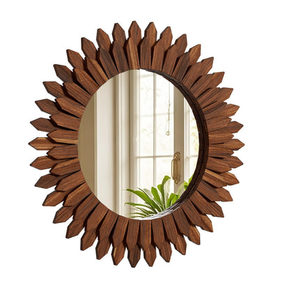 24" Round Sunburst Wooden Mirror Boho Rustic Wall Decor