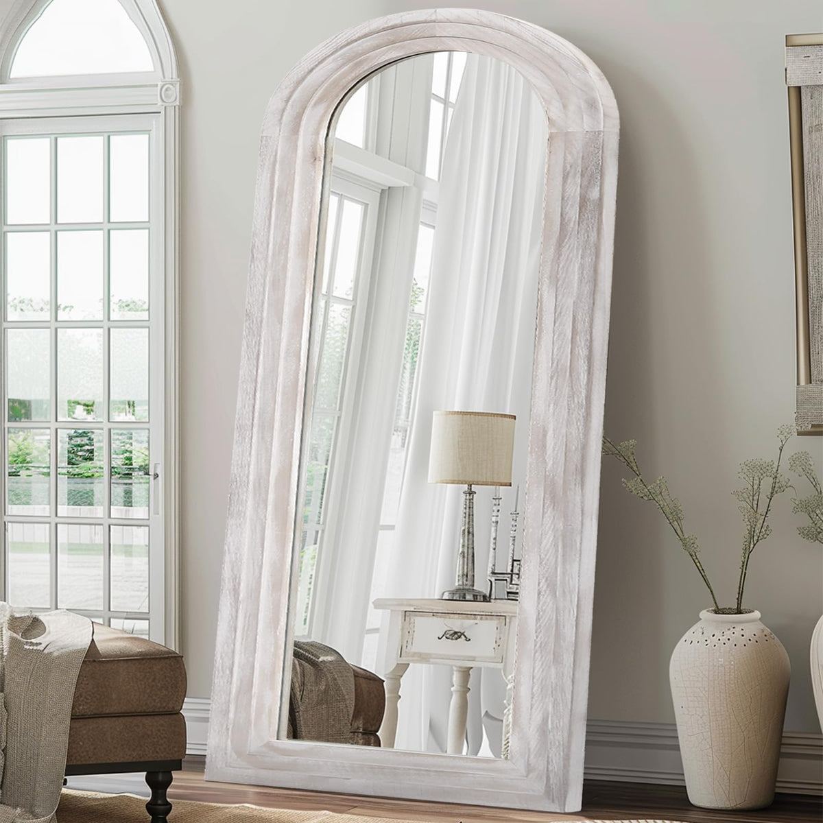 ZHUNFA Arched Full Length Mirror with Solid Wood Frame, 65x22, Brown