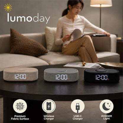 Fabric Digital Alarm Clock for Bedroom, Wireless Charging, Beige
