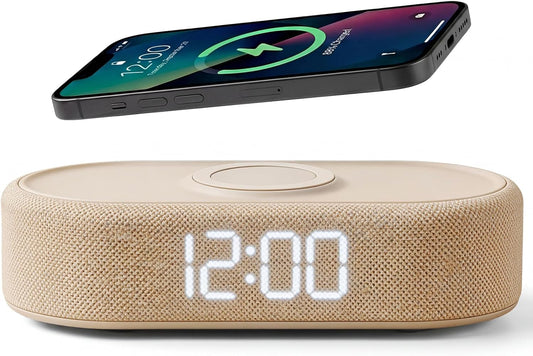 Fabric Digital Alarm Clock for Bedroom, Wireless Charging, Beige
