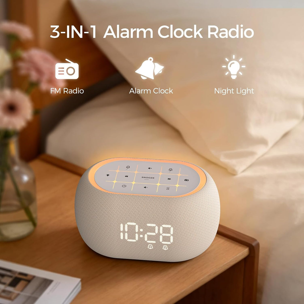 ANJANK Alarm Clock Radio with Dual Alarm for Bedroom, 7-Color Night Light,0-100% Dimmer, 8 Sounds + Gentle Light Wake UP,16-Level Volume,Bedside Digital FM Radio with Sleep Timer, Clock for Kids Teens