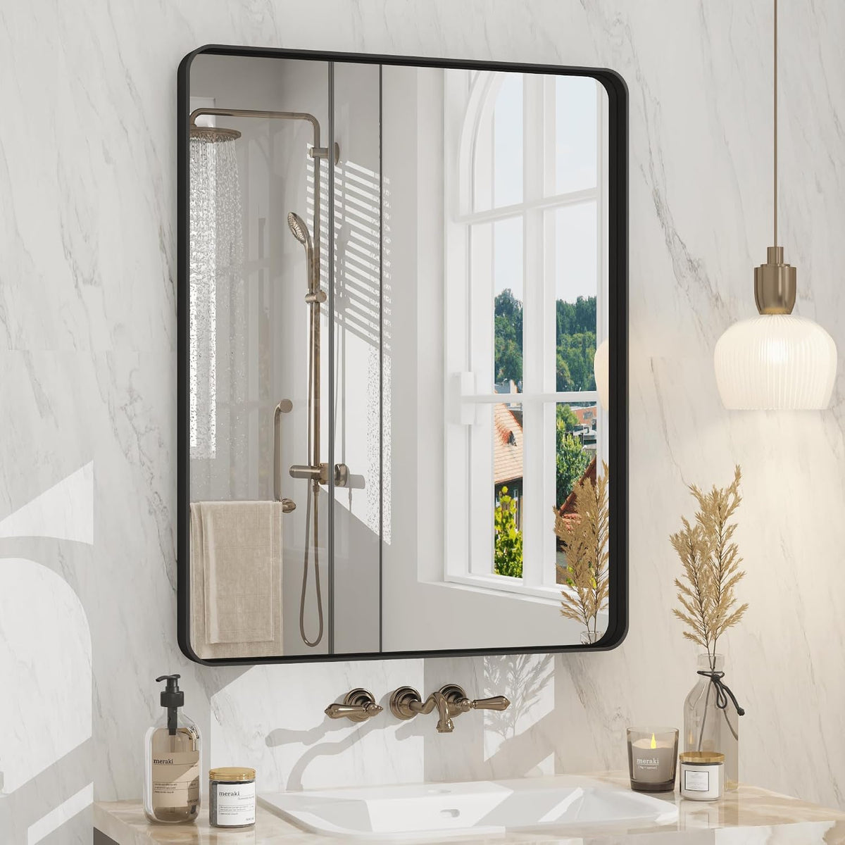 24x30 Inch Black Metal Framed Bathroom Mirror for Wall