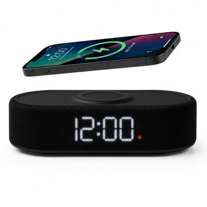 Fabric Digital Alarm Clock for Bedroom, Wireless Charging, Beige
