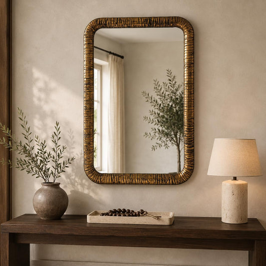 ARTPULSE 24x36 inch Vintage Farmhouse Rectangle Wall Mirror with Distressed Hand-Carved Textured Frame, Rustic Antique Gold Bathroom Vanity Mirror, Decorative Framed Mirrors for Entryway Bedroom