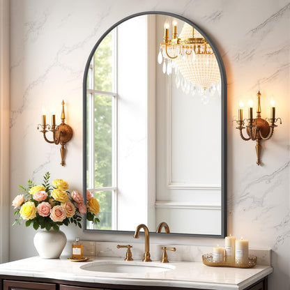 Bathroom Mirror for Wall, 30x22 Inch Rectangle Mirror, Matte Black Metal Framed Bathroom Vanity Mirror for Restroom Farmhouse, Anti-Rust, Tempered Glass, Horizontally or Vertically Hanging