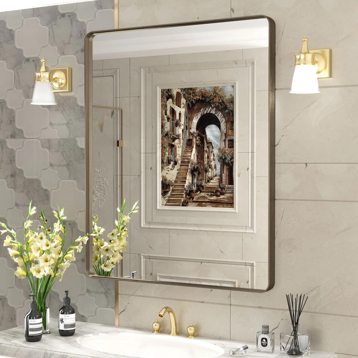 24x30 Inch Black Metal Framed Bathroom Mirror for Wall