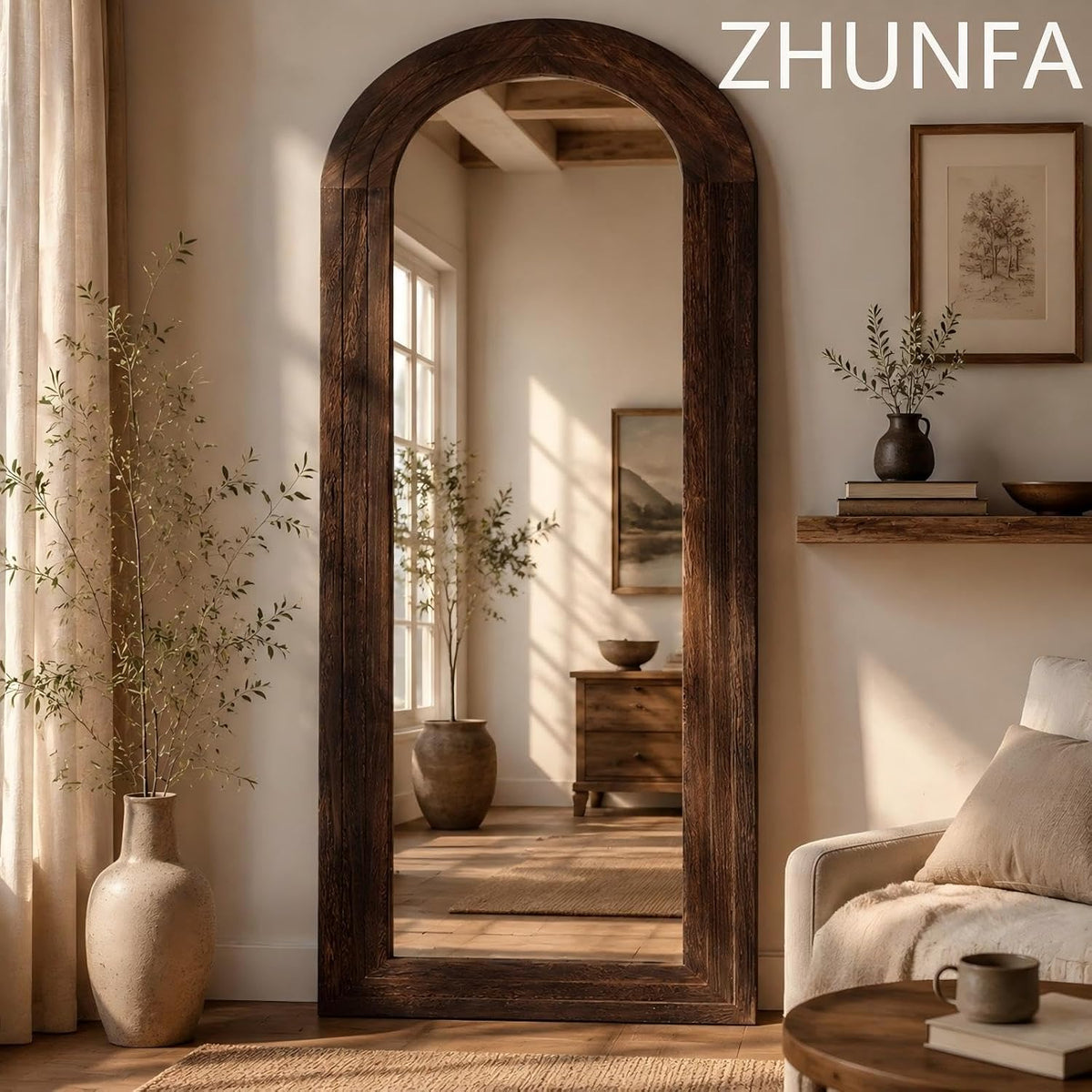 ZHUNFA Arched Full Length Mirror with Solid Wood Frame, 65x22, Brown