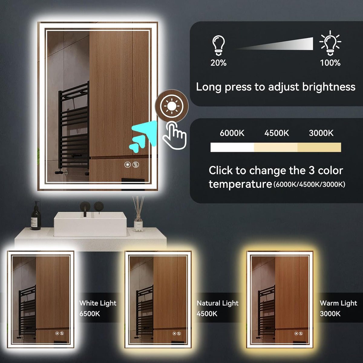 24" x 36" Bathroom Mirror with LED Lights, Anti-Fog, Dimmable 3 Colors