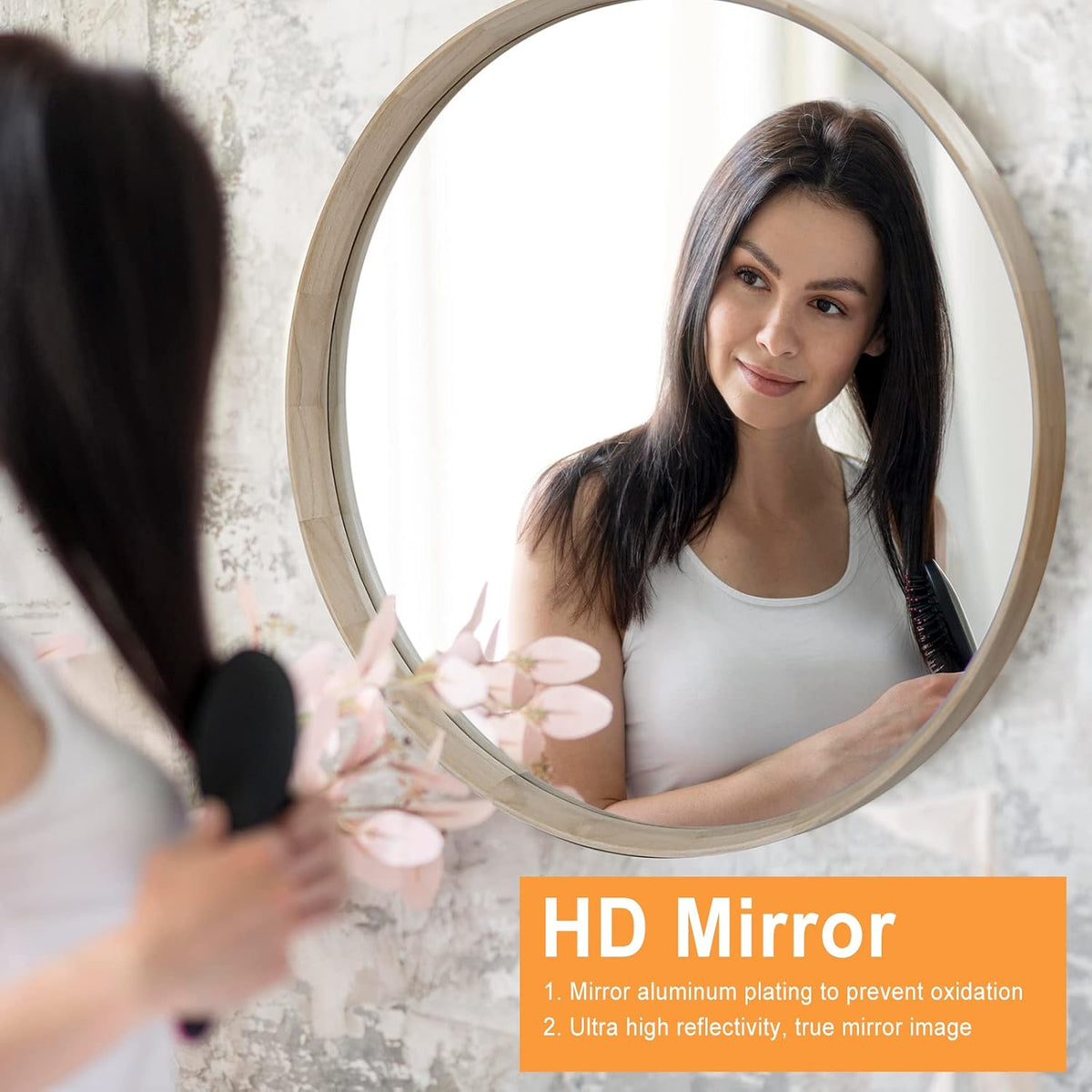 30 Inch Round Wood Mirror, Wall-Mounted Circle Mirrors, Decorative Mirror