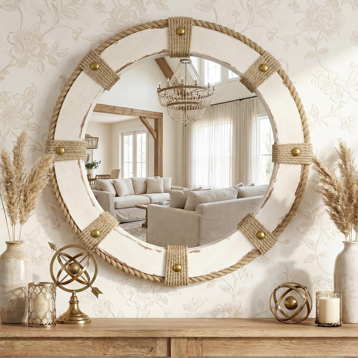 Farmhouse Round Wall Mirror Decor, 24" Circle Solid Wood Mirror Retro White
