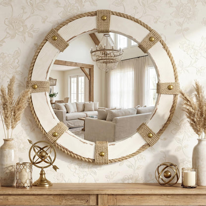Farmhouse Round Wall Mirror Decor, 24" Circle Solid Wood Mirror Retro White